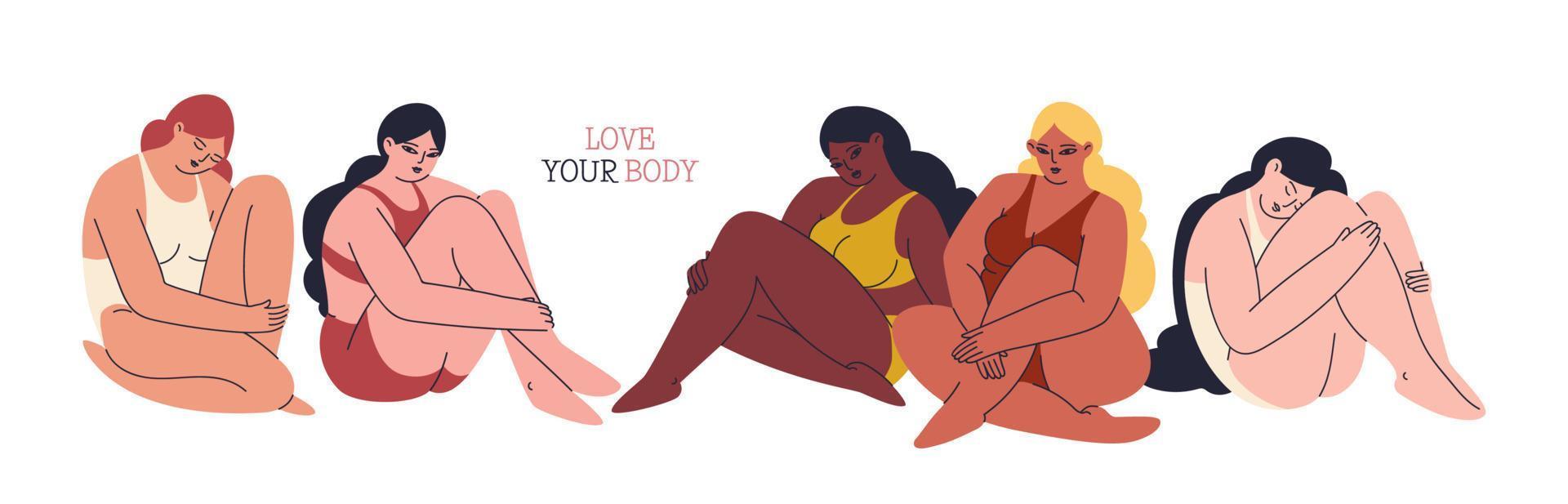 AME seu corpo. banner horizontal com mulheres jovens de diferentes cores, tamanhos e tipos de pele. garotas multiculturais se sentam em uma fila em trajes de banho se abraçando. ilustração em vetor estoque isolado.