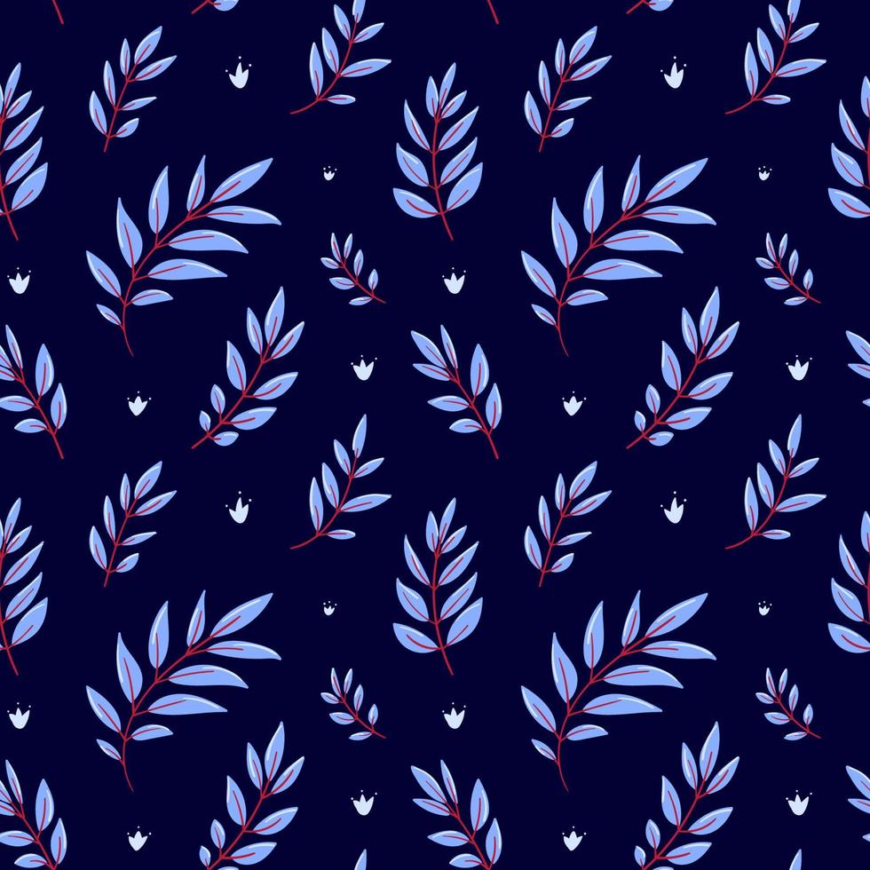 padrão sem emenda de inverno. galhos vermelhos com folhas azuis claras em um fundo azul escuro. padrão natural desenhado à mão em tons frios. fundo decorativo para têxteis, embalagens, estampas. vetor