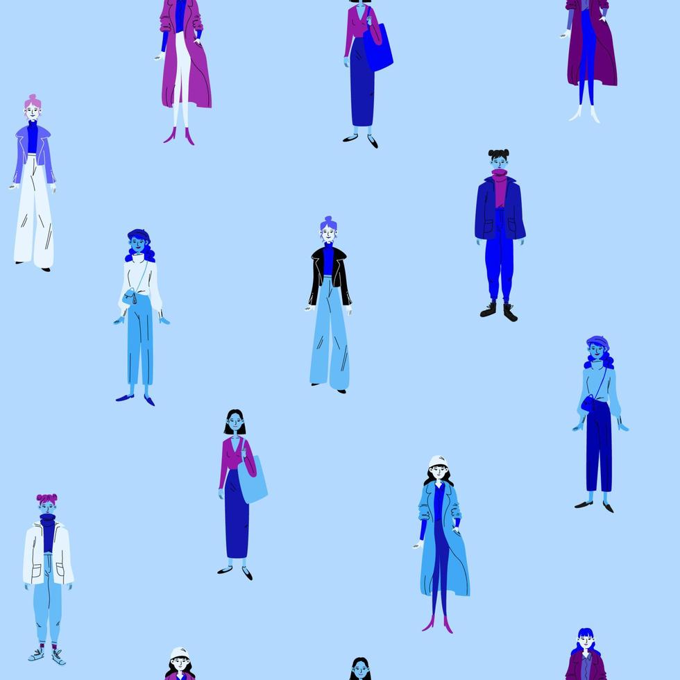 padrão sem emenda com mulheres. grupo feminino de figuras de várias meninas em vestes modernas azuis, brancas contra um fundo azul. telha vetor estoque ilustração colorida em estilo cartoon.