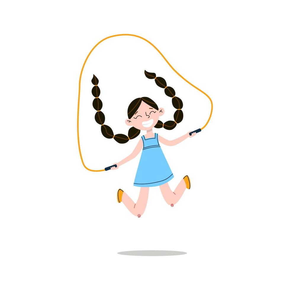 menina sorridente feliz com longas tranças pretas em um vestido azul e sapatos amarelos está pulando corda. linda garota dos desenhos animados pulando risos. ilustração vetorial de estoque. vetor