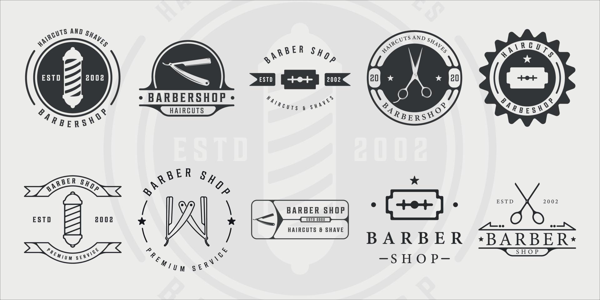 conjunto de minimalista barbearia logotipo linha arte vintage ilustração vetorial modelo ícone design gráfico. coleção de pacotes de vários sinais ou símbolos de barbearia para o conceito retrô de negócios vetor