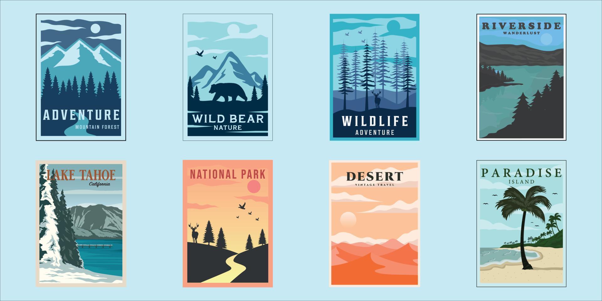 conjunto de design gráfico de modelo de ilustração vetorial vintage minimalista de cartaz de natureza ao ar livre. coleção de pacotes de vários conceito de parque nacional no lago da floresta de praia e vida selvagem vetor