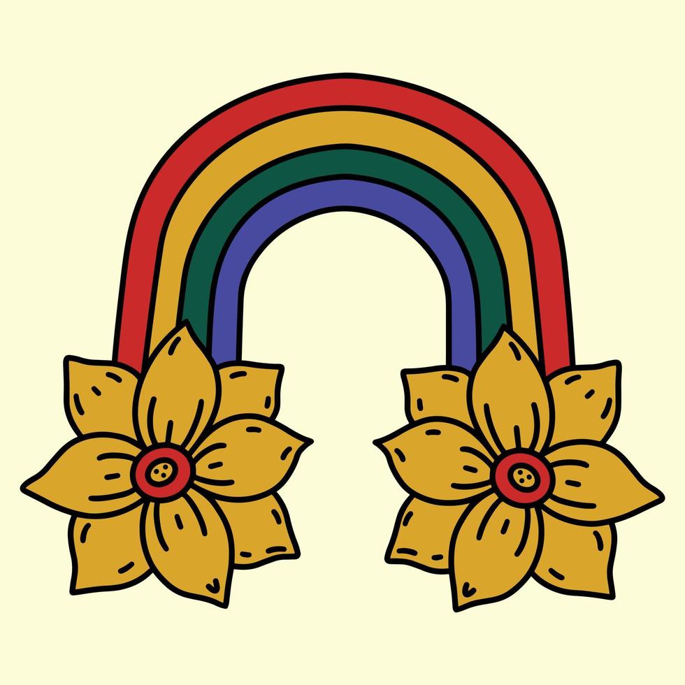 arco-íris brilhante com ícone de vetor de margaridas amarelas. ilustração retrô desenhada à mão, estilo dos anos 70. impressão de hippie groove para decoração, design de t-shirt, cartão, adesivo. clipart psicodélico dos desenhos animados. rabisco vintage