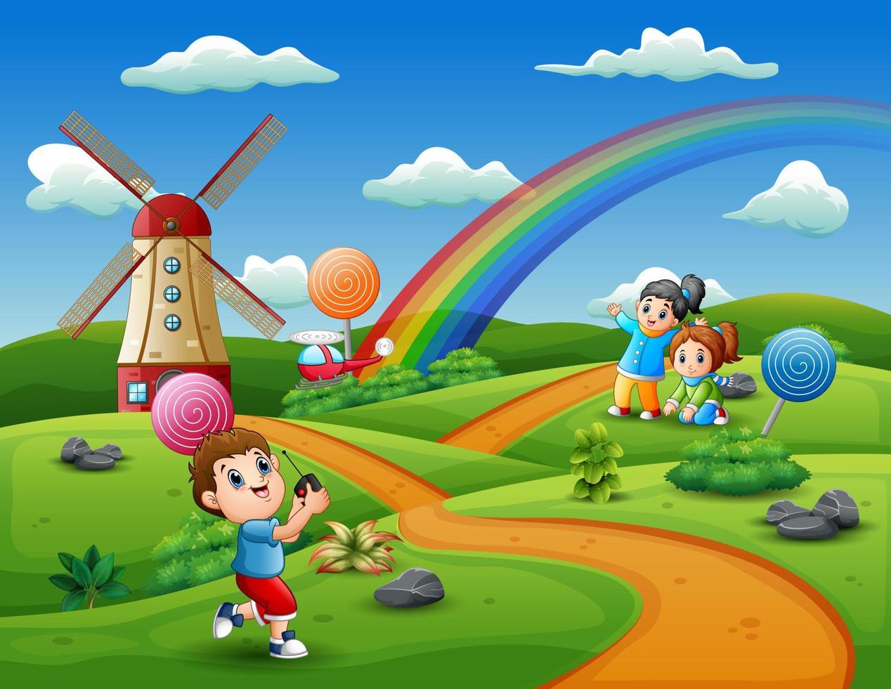 crianças dos desenhos animados brincando em um fundo de terra de doces vetor