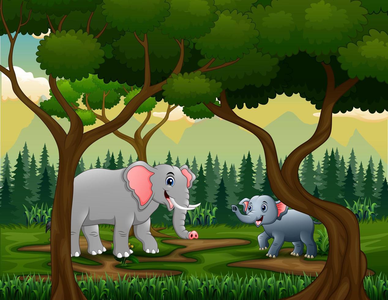 uma mãe e jovens elefantes na selva vetor