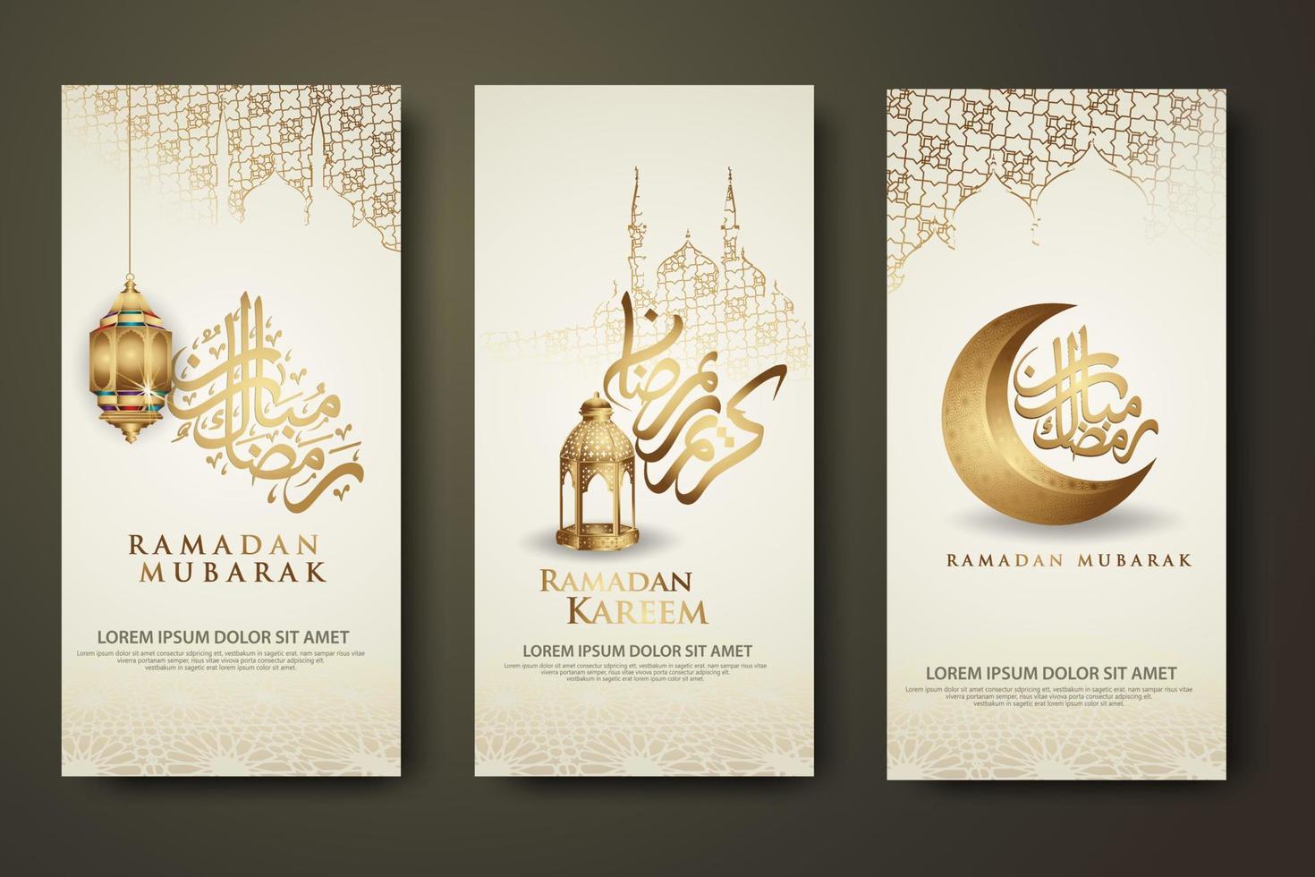 modelo de conjunto de banner de enrolar de luxo e elegante, ramadan kareem com caligrafia islâmica, lua crescente, lanterna tradicional e mesquita padrão textura de fundo islâmico vetor