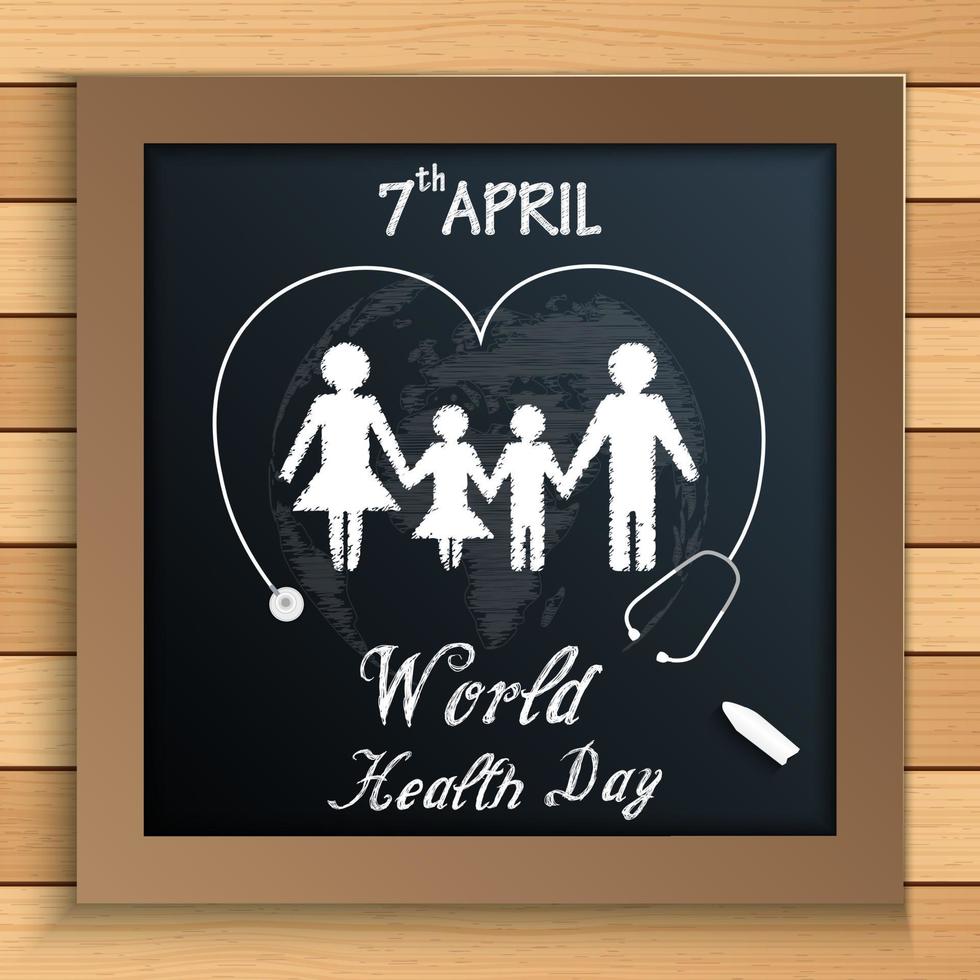 conceito de dia mundial da saúde com família saudável sob estetoscópio no quadro-negro na mesa de madeira vetor