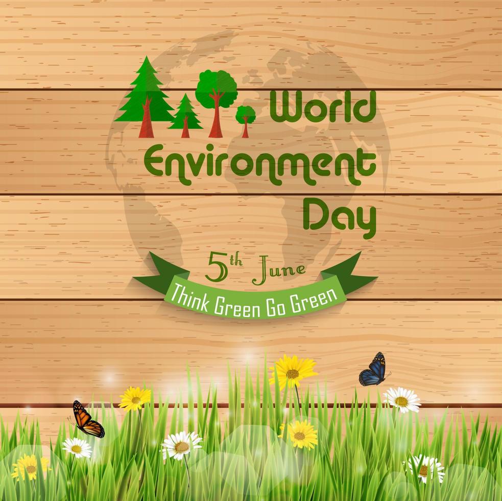 dia mundial do meio ambiente na grama contra um fundo de madeira. vetor