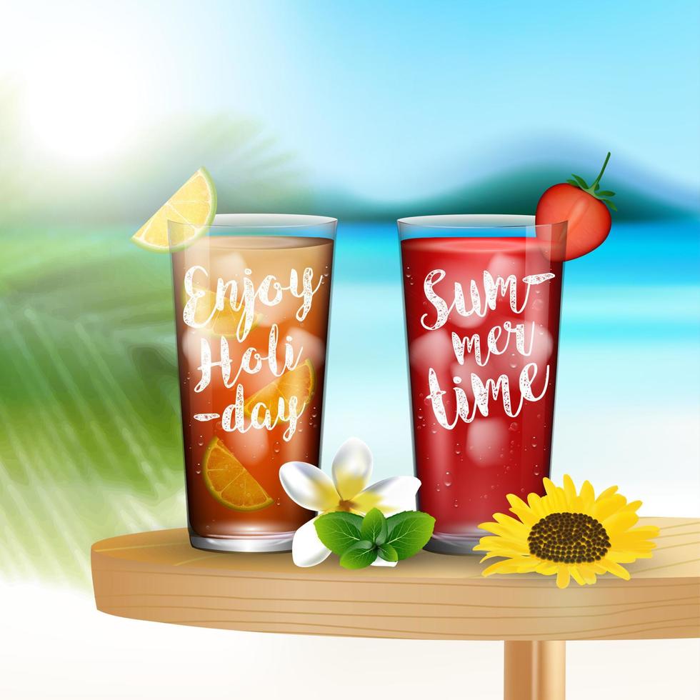 bebidas de verão na mesa no fundo da praia turva. vetor