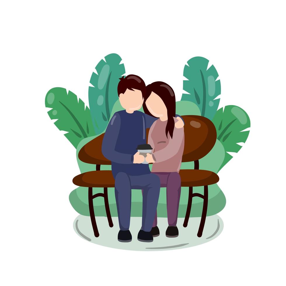 casal apaixonado sente-se no banco do parque. relação romântica. vetor