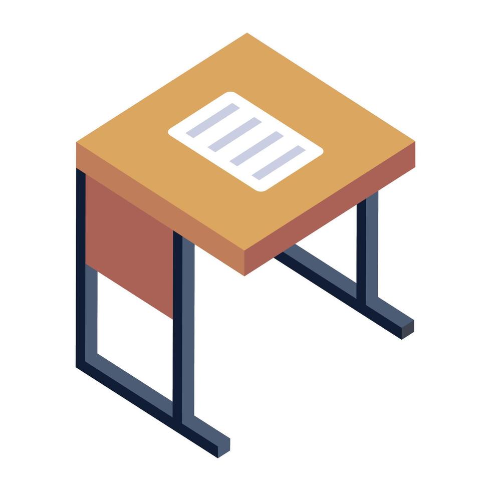 ícone isométrico de mesa de aula, folha de exame na mesa vetor