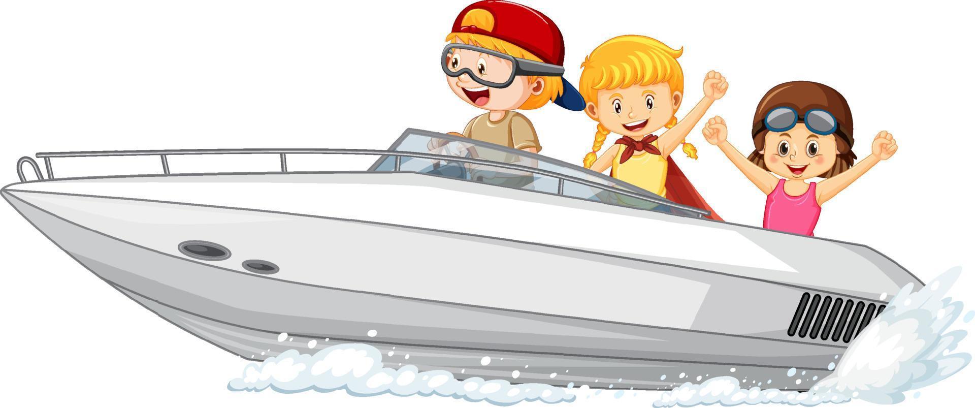menino dirigindo um barco com seus amigos vetor