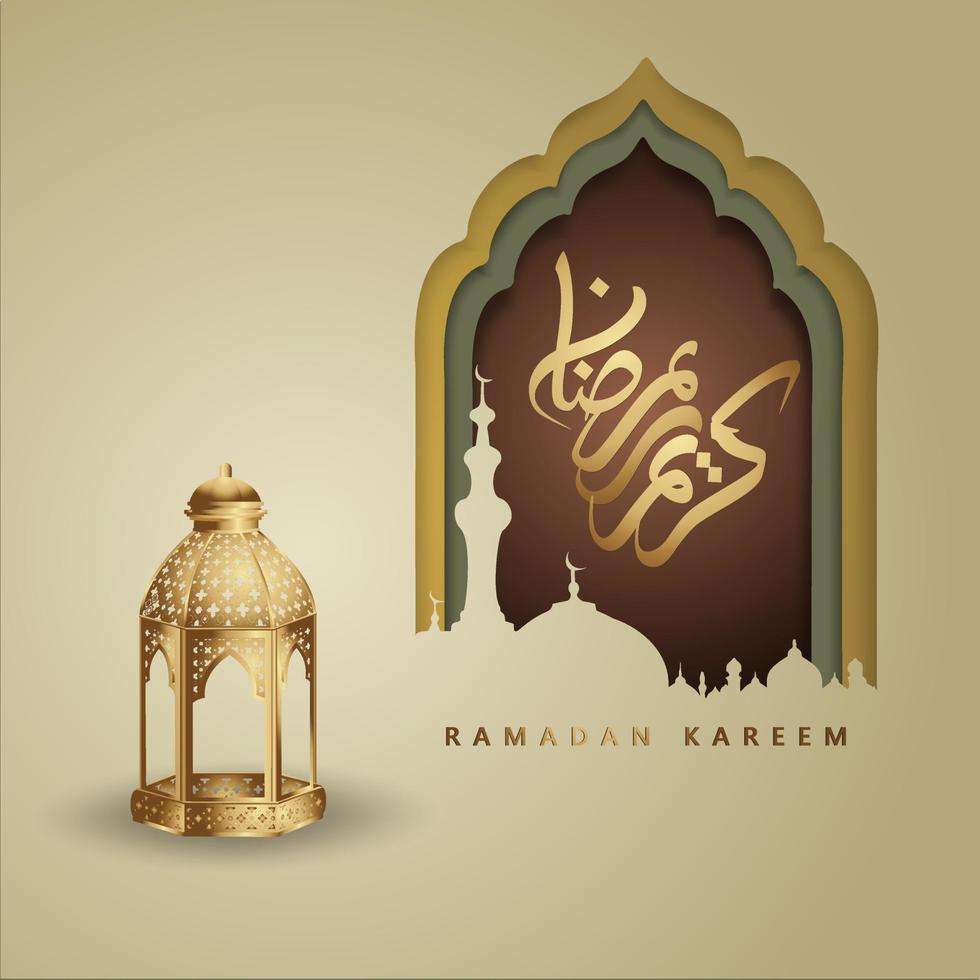 design luxuoso e elegante ramadan kareem com caligrafia árabe, lanterna tradicional e mesquita de portão colorido de gradação para saudação islâmica vetor