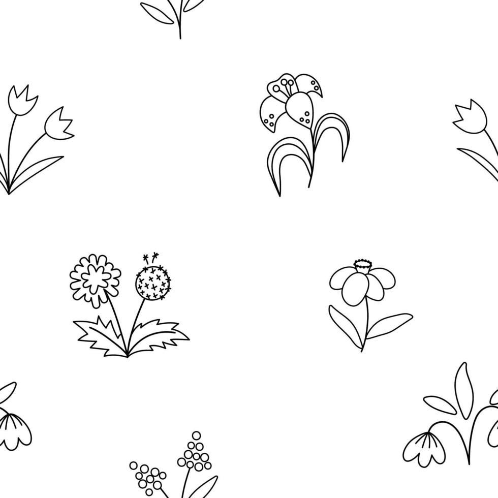 vector bonito preto e branco primavera flores sem costura padrão. repetindo o fundo com as primeiras plantas florescendo. delinear papel digital floral. tulipas, dente de leão, floco de neve, narciso, textura de lírio.