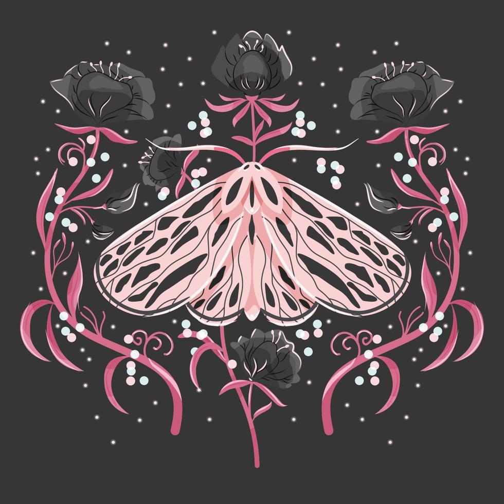 mariposa e motivos florais, design de padrão em simetria. ilustração vetorial plana colorida com mariposa, flores, elementos florais e estrelas. vetor