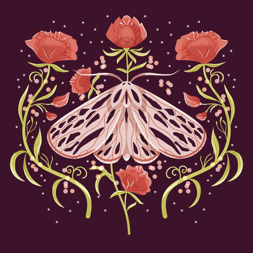 mariposa e motivos florais, design de padrão em simetria. ilustração vetorial plana colorida com mariposa, flores, elementos florais e estrelas. vetor