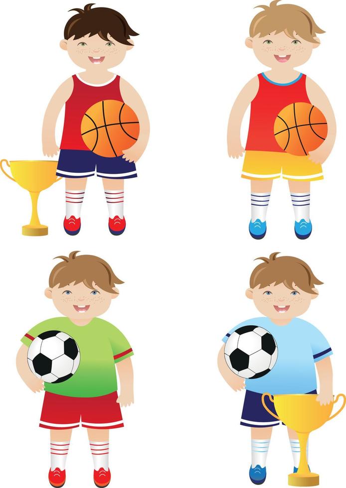 conjunto de ilustrações de atletas de menino com bolas e prêmios vetor