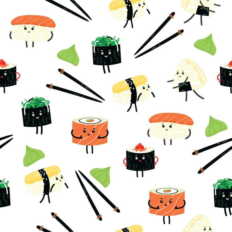 padrão de vetor sem costura com sushi de personagens de desenhos animados fofos