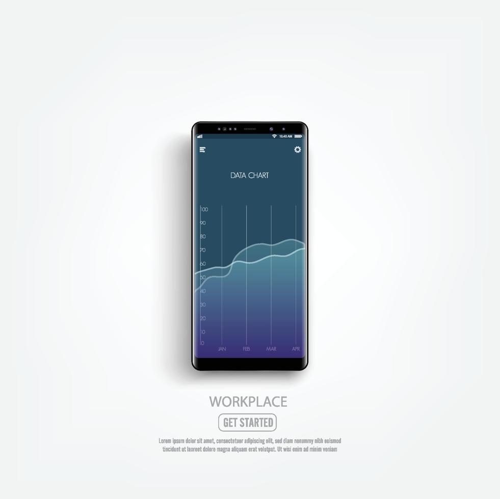 maquete de smartphone preto com tela de gráfico infográfico. pode ser usado para layout de fluxo de trabalho, diagrama, modelo de negócios, banner, web design. vetor