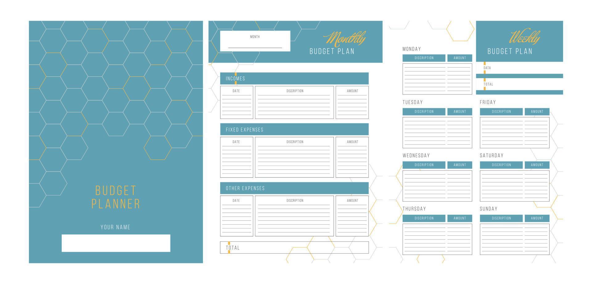 conjunto de três memorandos de um planejador para acompanhar as despesas e orçamento. planejador de orçamento pessoal mensal e semanal em formato a4. finanças, receitas e despesas. Pronto para imprimir. vetor