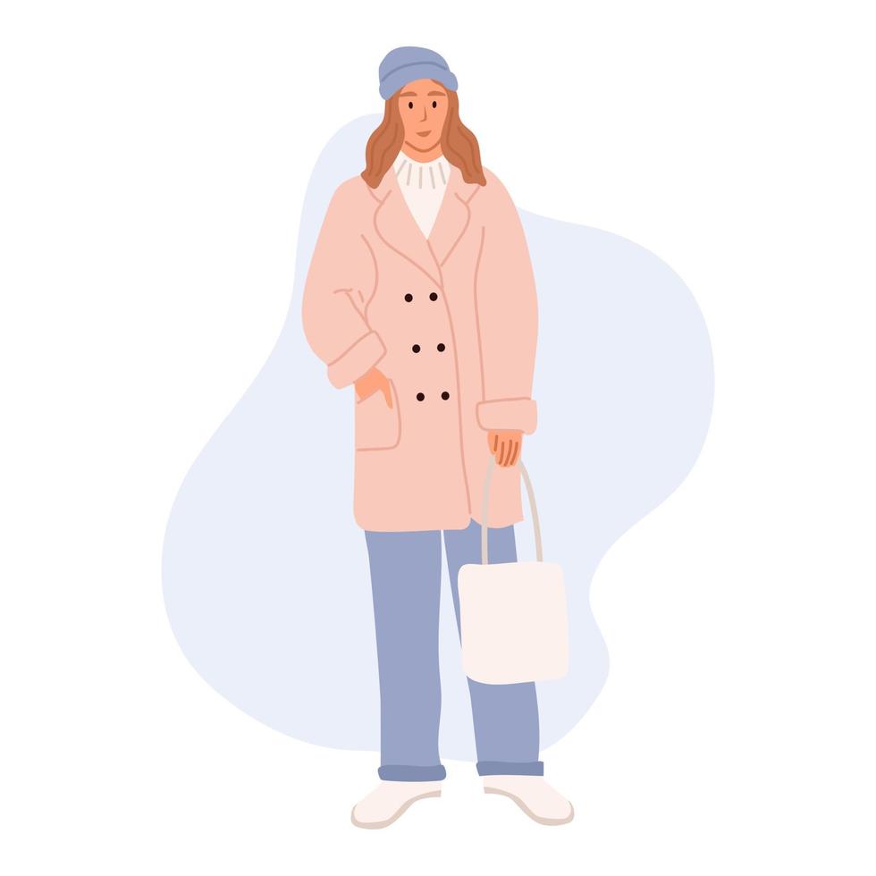 uma jovem com roupas de inverno. garota de estilo de rua. pessoas elegantes em roupas da moda. ilustração vetorial plana vetor