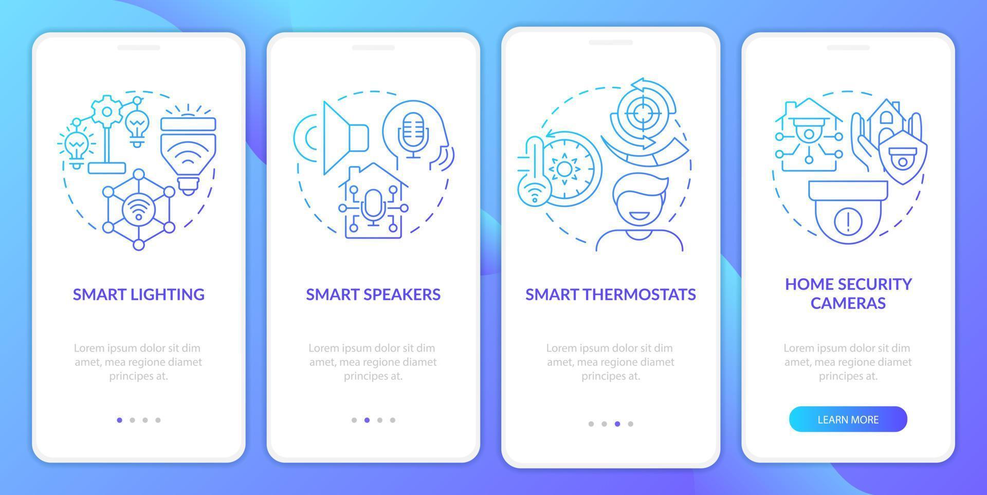 tela de aplicativo móvel de integração de gradiente azul de equipamento doméstico inteligente. passo a passo de vigilância 4 etapas páginas de instruções gráficas com conceitos lineares. ui, ux, modelo de gui. inúmeras fontes pró-negrito e regulares usadas vetor