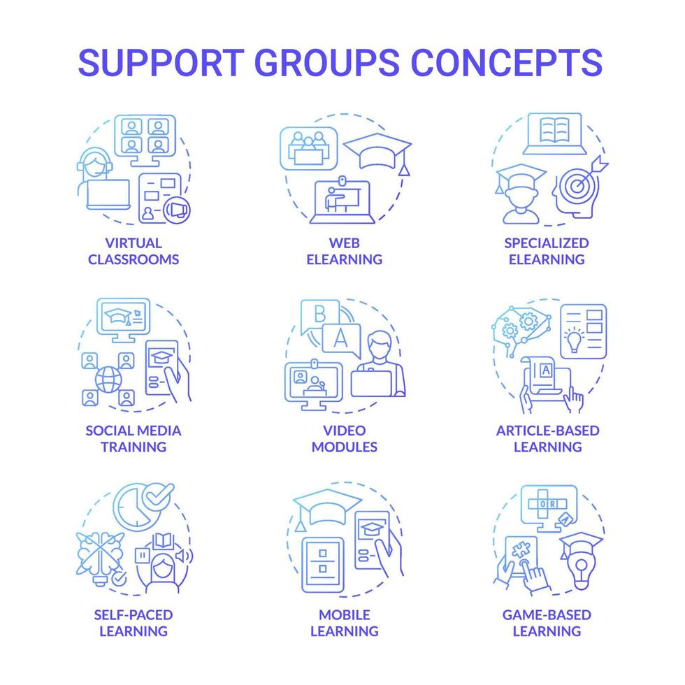 conjunto de ícones de conceito gradiente azul de plataforma e técnica de elearning. ilustrações de cores de linha fina de ideia de estudo on-line. desenhos de contorno isolados. traço editável. roboto-medium, inúmeras fontes pró-negrito usadas vetor