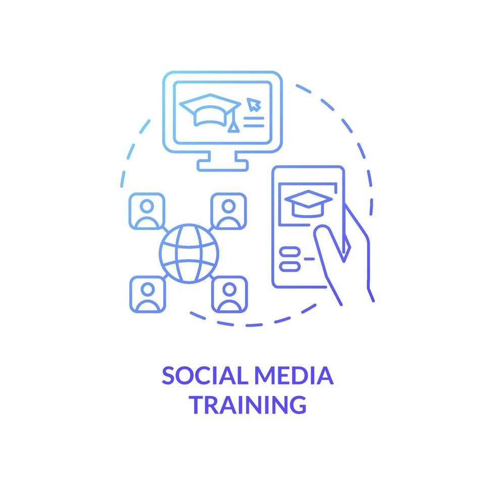 ícone de conceito gradiente azul de treinamento de mídia social. aprendizagem corporativa on-line idéia abstrata ilustração de linha fina. desenho de contorno isolado. traço editável. roboto-medium, inúmeras fontes pró-negrito usadas vetor