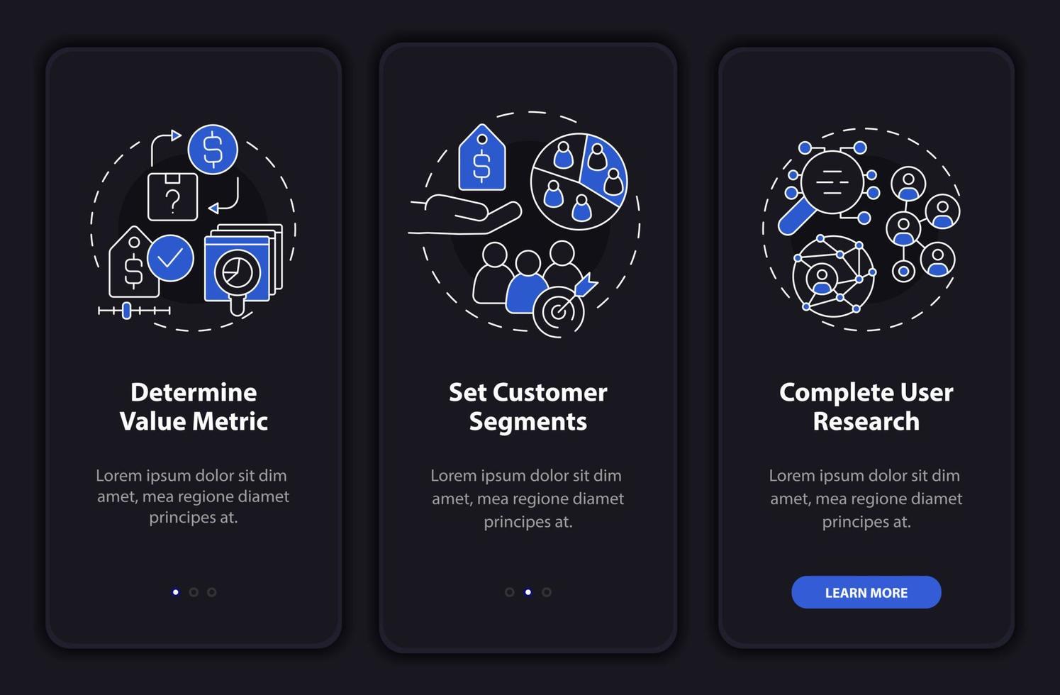 desenvolvimento de estratégia de preços no modo noturno de integração da tela do aplicativo móvel. passo a passo 3 passos páginas de instruções gráficas com conceitos lineares. ui, ux, modelo de gui. uma miríade de fontes regulares pró-negrito usadas vetor