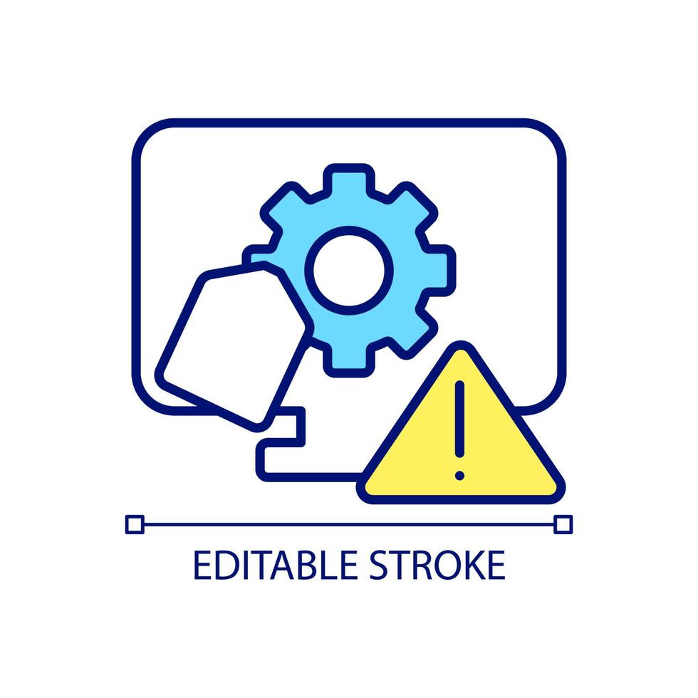 ícone de cor rgb de mau funcionamento do computador. compra de dispositivo eletrônico defeituoso. compra de produto danificado. ilustração vetorial isolado. desenho de linha preenchido simples. traço editável. fonte arial usada vetor