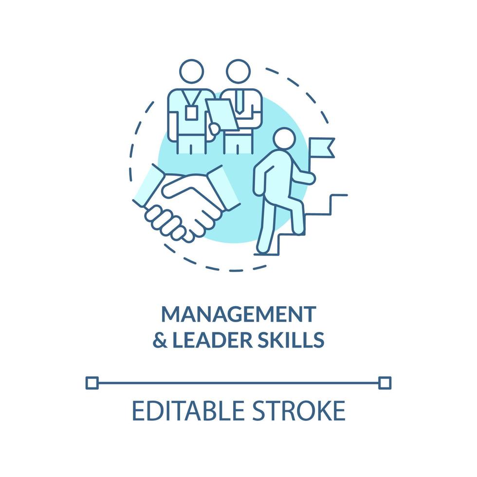 ícone de conceito turquesa de habilidades de gerenciamento e líder. ilustração de linha fina de idéia abstrata de gerenciamento de negócios. desenho de contorno isolado. traço editável. roboto-medium, inúmeras fontes pró-negrito usadas vetor