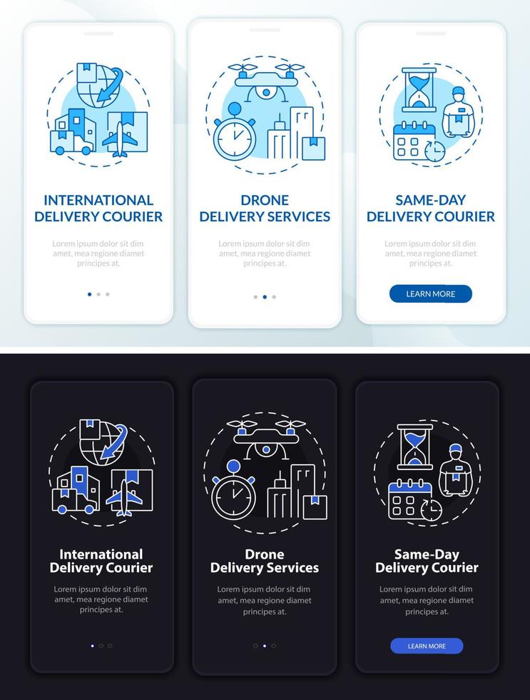 entrega de correio empresarial tema dia e noite integrando a tela do aplicativo móvel. passo a passo de frete 3 passos páginas gráficas com conceitos lineares. ui, ux, modelo de gui. inúmeras fontes pró-negrito e regulares usadas vetor
