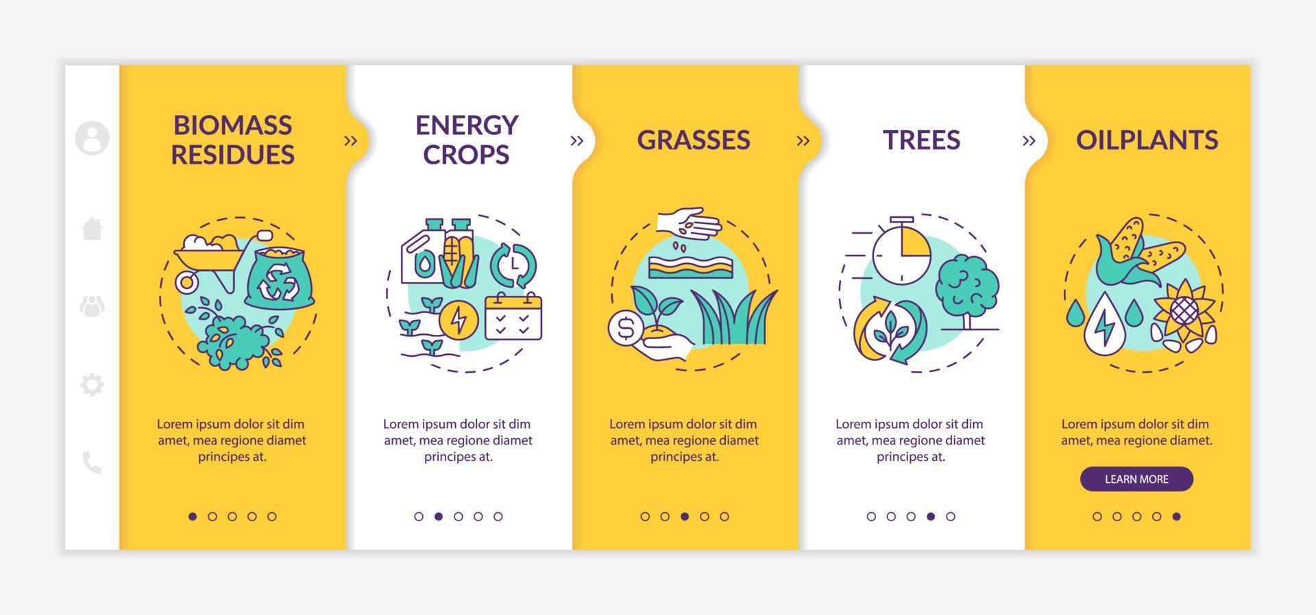 recursos de energia de biomassa no modelo de integração amarelo da fazenda. grama e oleaginosa. site móvel responsivo com ícones de conceito linear. passo a passo da página da web telas de 5 etapas. fontes regulares em negrito usadas vetor