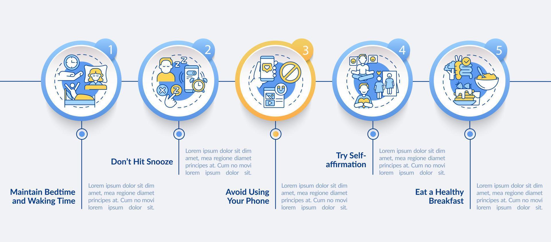 dicas para construir o modelo de infográfico de círculo azul de rotina matinal. visualização de dados com 5 passos. gráfico de informações da linha do tempo do processo. layout de fluxo de trabalho com ícones de linha. inúmeras fontes pró-negrito e regulares usadas vetor