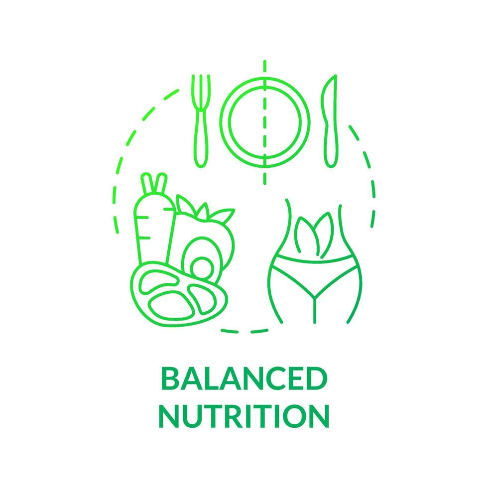 ícone de conceito gradiente verde nutrição equilibrada. treino e saúde estilo de vida dieta idéia abstrata ilustração de linha fina. desenho de contorno isolado. roboto-medium, inúmeras fontes pró-negrito usadas vetor