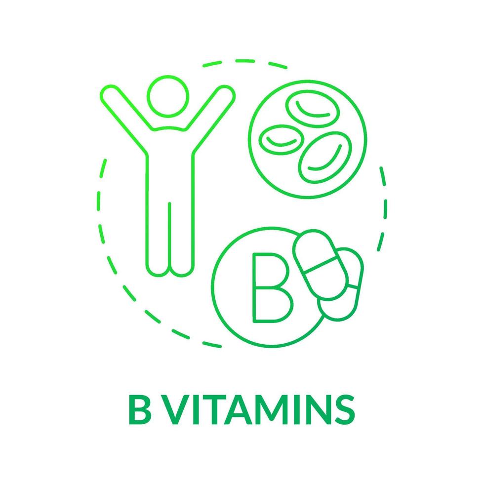 ícone de conceito gradiente verde vitaminas b. suplementos para ilustração de linha fina de ideia abstrata de bem-estar e fitness. desenho de contorno isolado. roboto-medium, inúmeras fontes pró-negrito usadas vetor