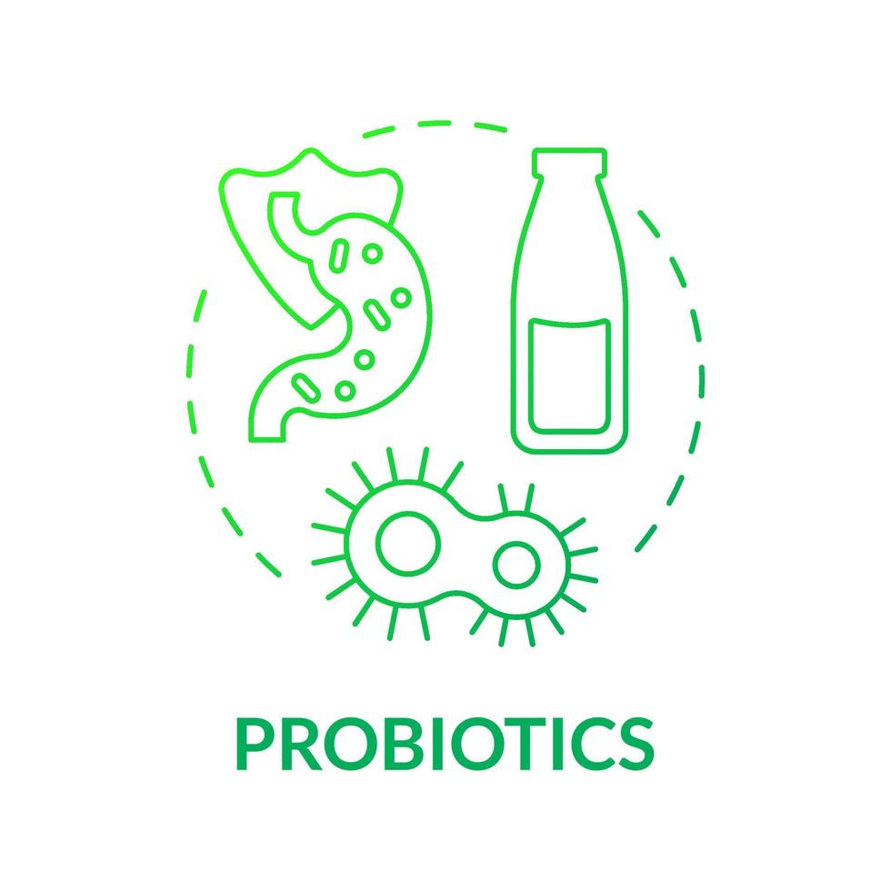 ícone de conceito gradiente verde de probióticos. produto alimentar amigável ao intestino. imunidade aumentar idéia abstrata ilustração de linha fina. desenho de contorno isolado. roboto-medium, inúmeras fontes pró-negrito usadas vetor