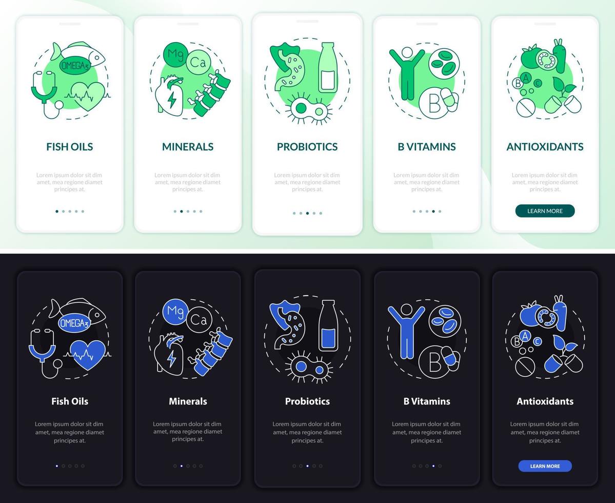 suplementos dietéticos modo noite e dia integrando a tela do aplicativo móvel. food walkthrough 5 passos páginas de instruções gráficas com conceitos lineares. ui, ux, modelo de gui. uma miríade de fontes regulares pró-negrito usadas vetor