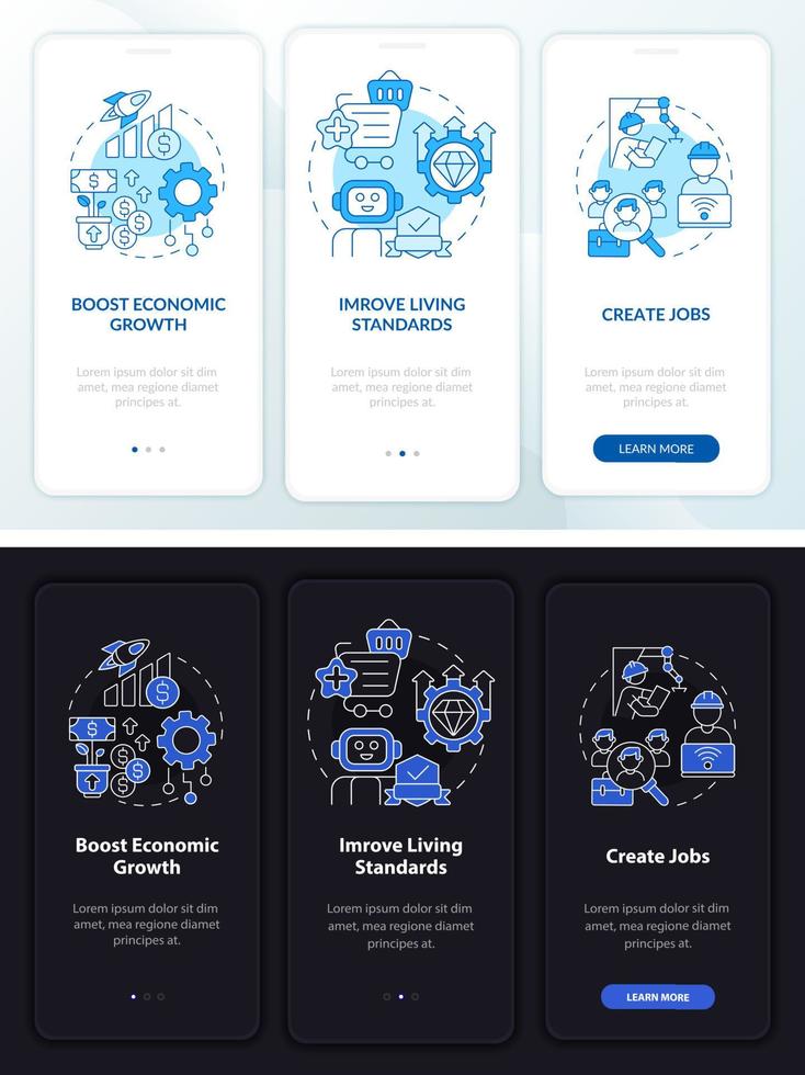 a automação positiva impacta a tela do aplicativo móvel de integração noturna e diurna. passo a passo 3 passos páginas de instruções gráficas com conceitos lineares. ui, ux, modelo de gui. uma miríade de fontes regulares pró-negrito usadas vetor