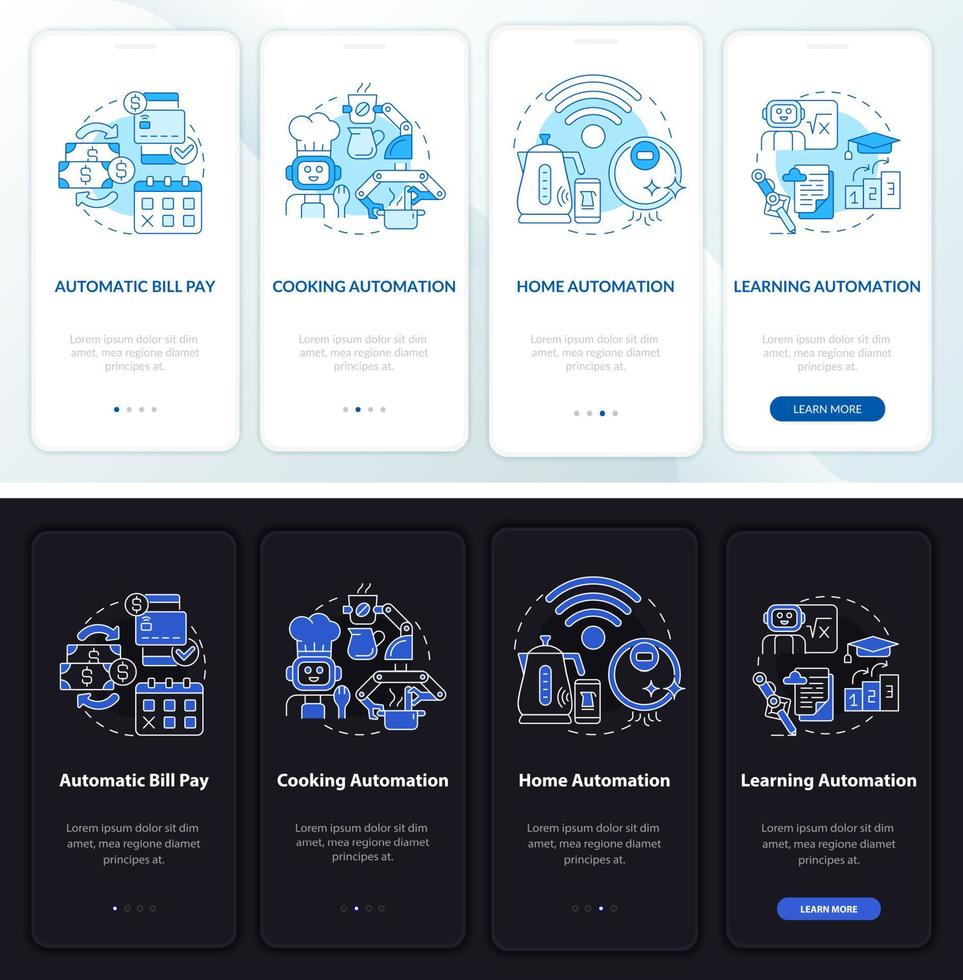 automação da vida cotidiana noite, dia onboarding tela do aplicativo móvel. passo a passo 4 passos páginas de instruções gráficas com conceitos lineares. ui, ux, modelo de gui. uma miríade de fontes regulares pró-negrito usadas vetor