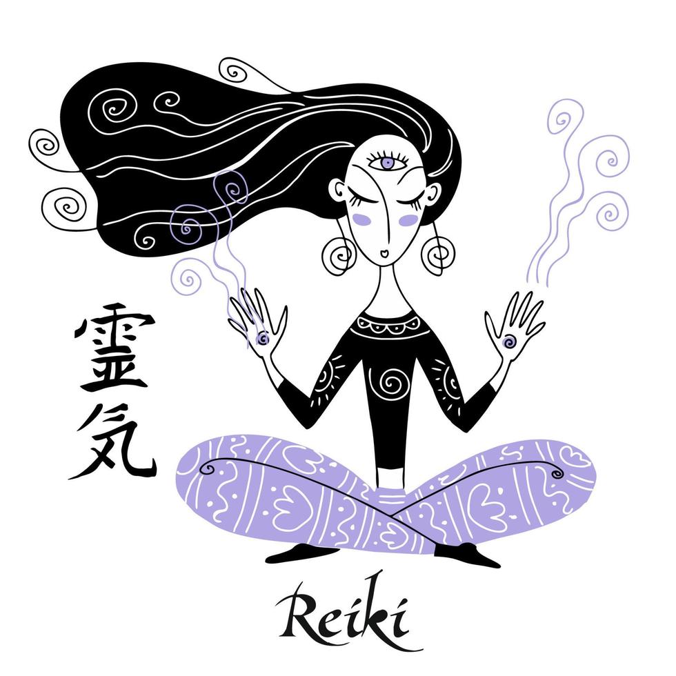 cura reiki. uma garota na posição de lótus conduz uma sessão de reiki. vetor. vetor