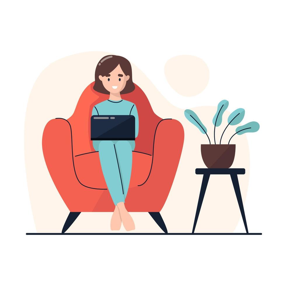 uma mulher se senta em uma cadeira e trabalha em um laptop. trabalhar em casa. escritório em casa. freelance ou estudando conceito. ilustração vetorial em estilo simples. vetor