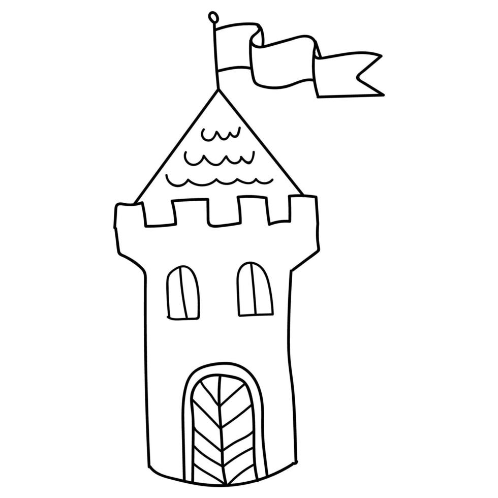 castelo linear doodle dos desenhos animados isolado no fundo branco. vetor