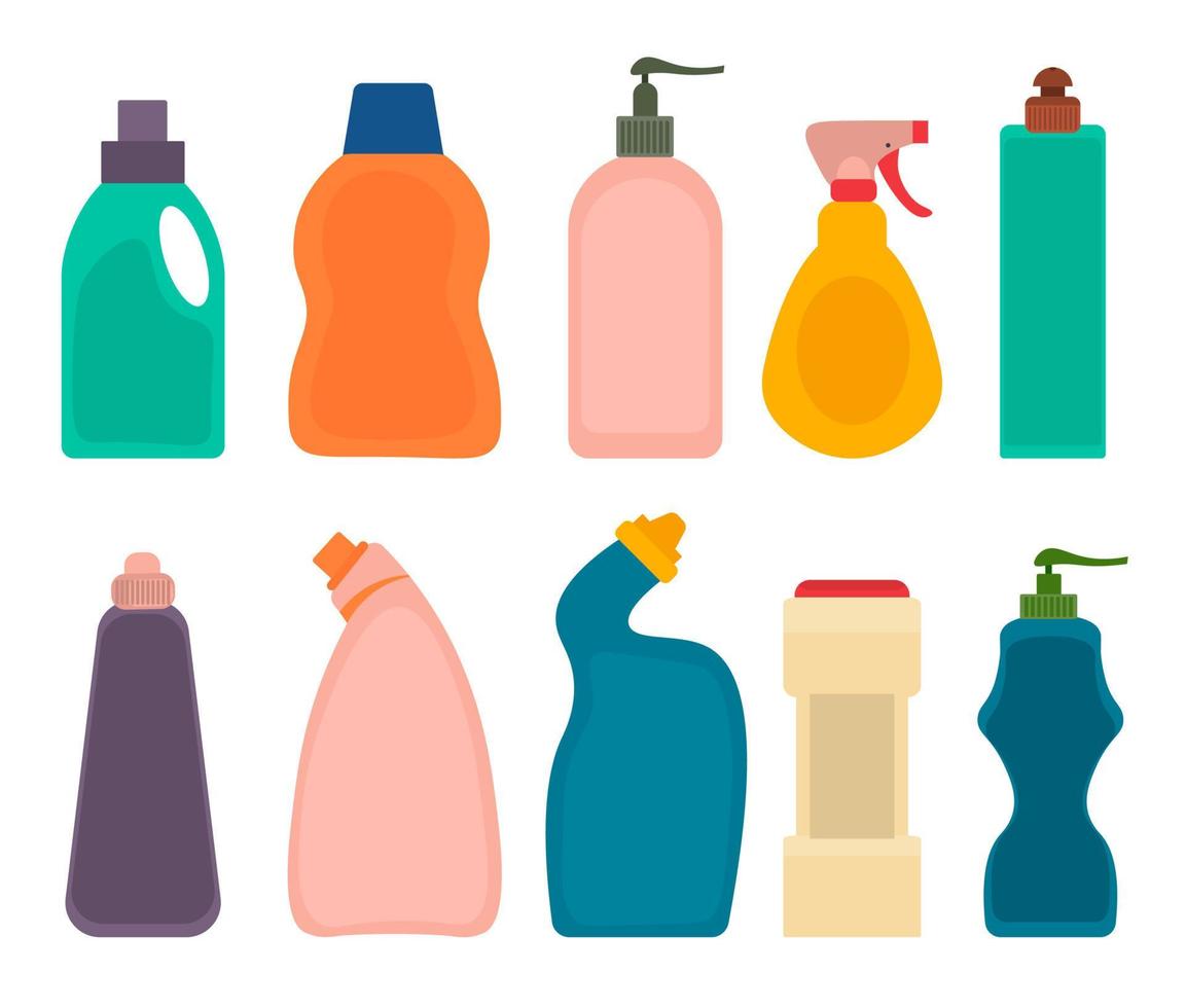 garrafas de produtos detergentes. conjunto de embalagem plástica de limpeza de casa, objetos de limpeza mais limpos isolados no fundo branco. vetor