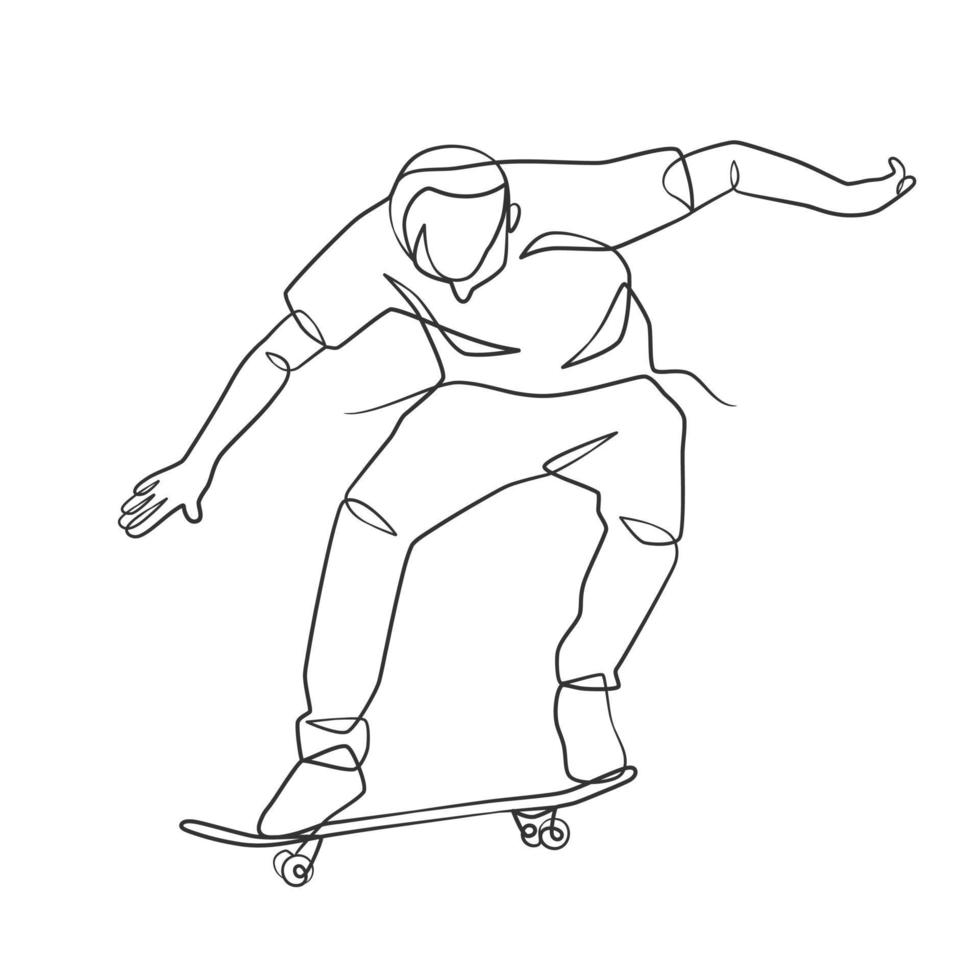 desenho de linha contínua de homem jogando skate vetor