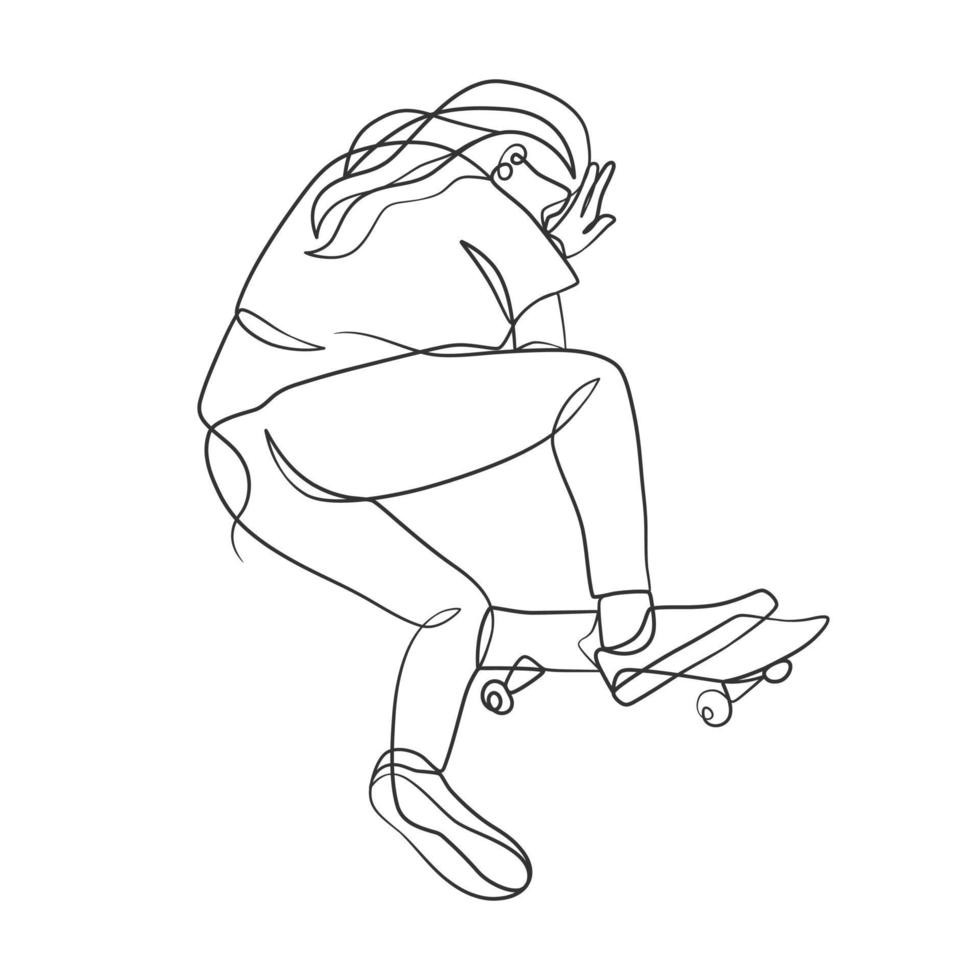 desenho de linha contínua de menina jogando skate vetor