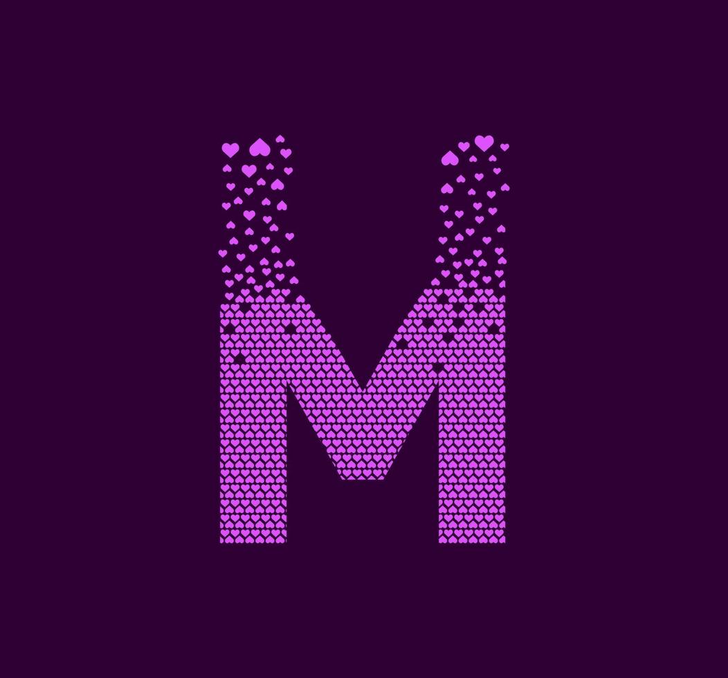 coração letra m logotipo de ponto de pixel animado. letra maiúscula pixel para cima. vetor