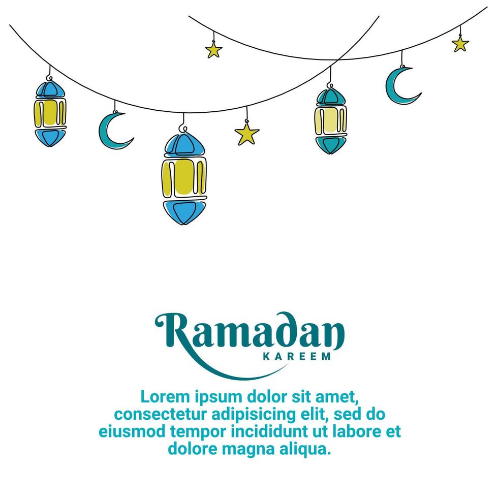 modelos de cartão de saudação ramadan kareem e eid. conceito de design simples com desenho de linha única de lanterna, lua crescente, estrelas. vetor
