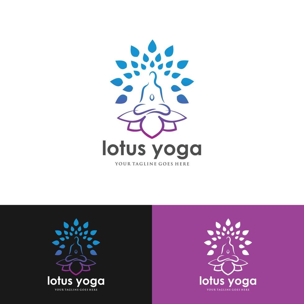 design de estoque de logotipo de ioga. meditação humana em ilustração vetorial de flor de lótus na cor roxa vetor