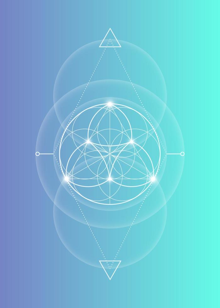 geometria sagrada, flor da vida, mandala de flor de lótus. símbolo de logotipo branco de harmonia e equilíbrio, ornamento geométrico brilhante, relaxamento de ioga, vetor isolado em fundo gradiente azul